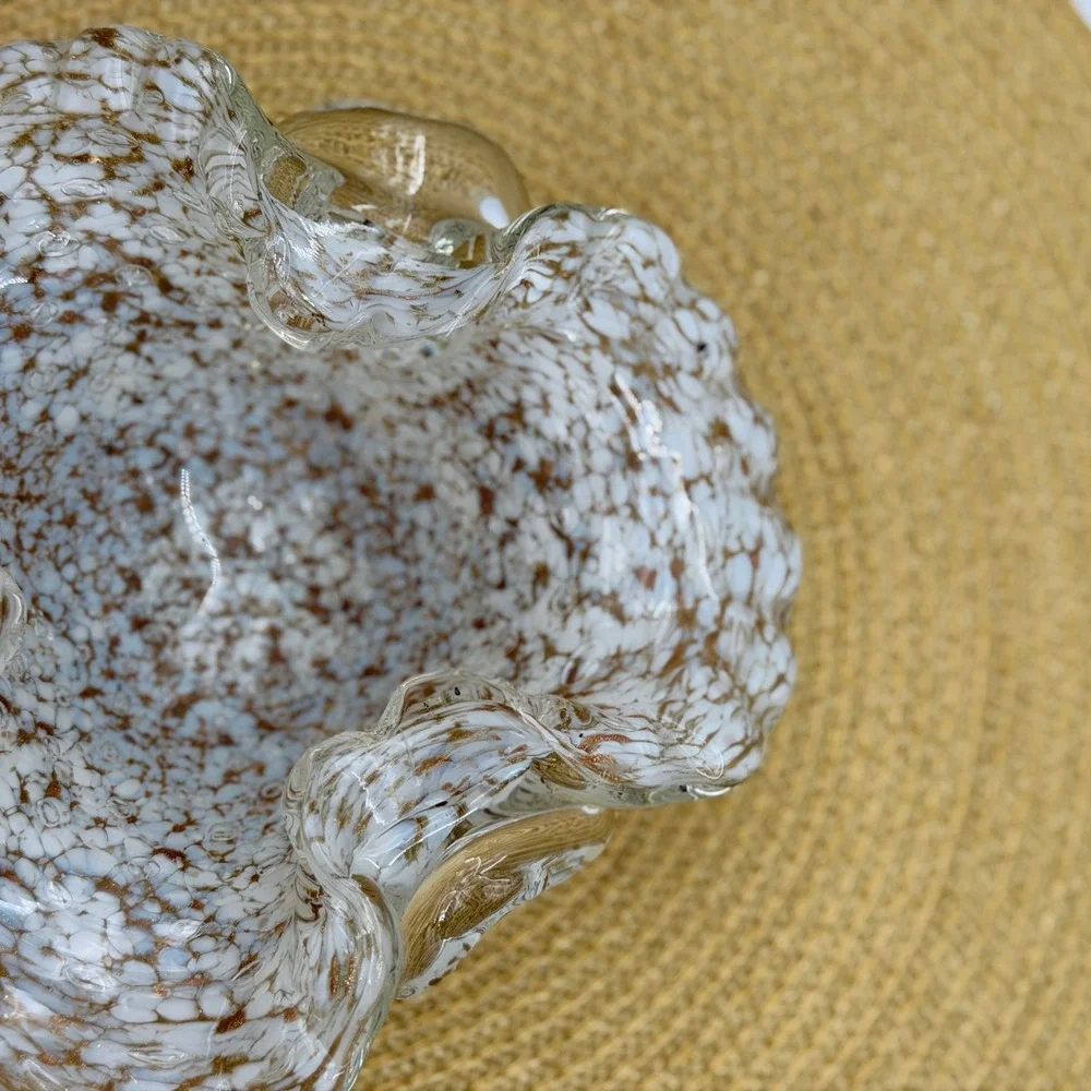 Vintage Hand Blown Art Glass Ruffled Bowl White Gold Fleck Splatter Murano Style